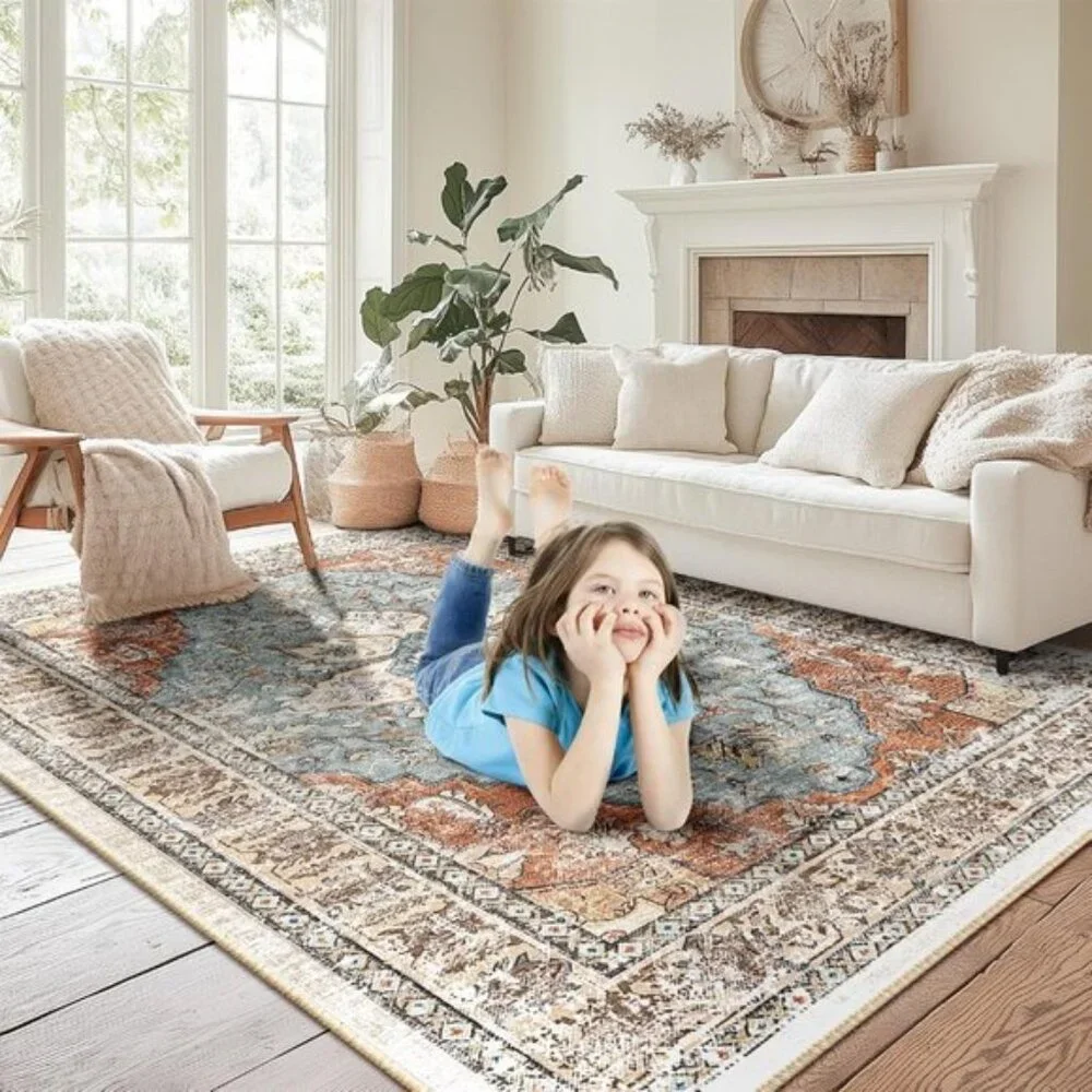 5x7 Washable Area Rug, Boho Vintage Distressed Carpet for Home - Green/Rust Red